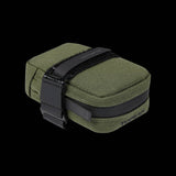 Topeak Elementa seatbag attached to a bike saddle, compact bike saddle bag for tools and inner tubes, black and durable design