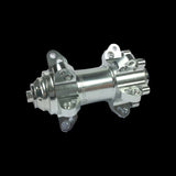 Crankbrothers Cobalt front wheel hub with 9mm axle in silver, bike hub component showing the hub's detailed design.