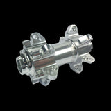 Crankbrothers Cobalt front wheel hub with 15mm axle in silver, showcasing durable cycling component with detailed design.