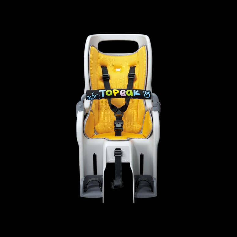 Topeak MTX 2.0 child bike seat with 6-point harness and suspension system, designed for disc brake bikes.