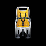 Topeak MTX 2.0 child bike seat with 6-point harness and suspension system, designed for disc brake bikes.