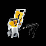 Topeak Childseat for Disc Brakes MTX 2.0 with 6-point harness and suspension system, mounted on a bicycle seat for kids.