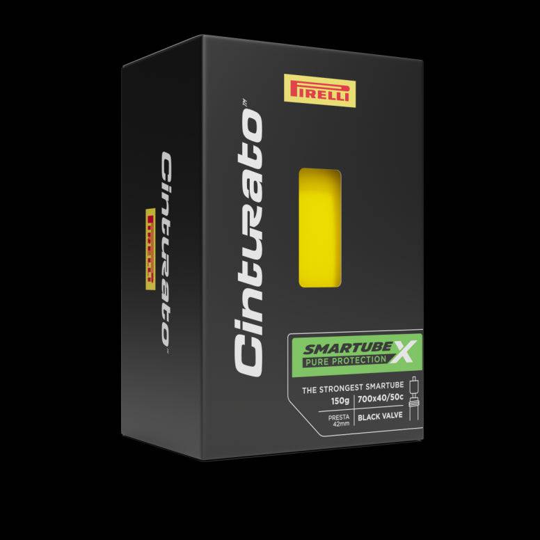 Pirelli Cinturato Smartube X inner tube for disc brake bikes with Presta and Schrader valves, showing valve and tube details.