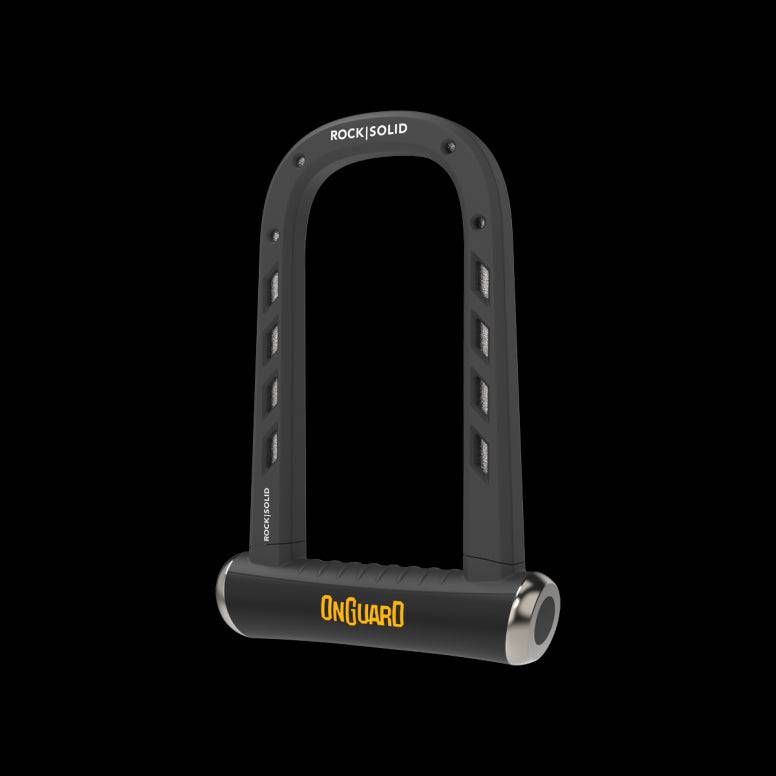 OnGuard RockSolid 8590 Diamond Secured by Design black and yellow cycle lock with durable design and key mechanism.