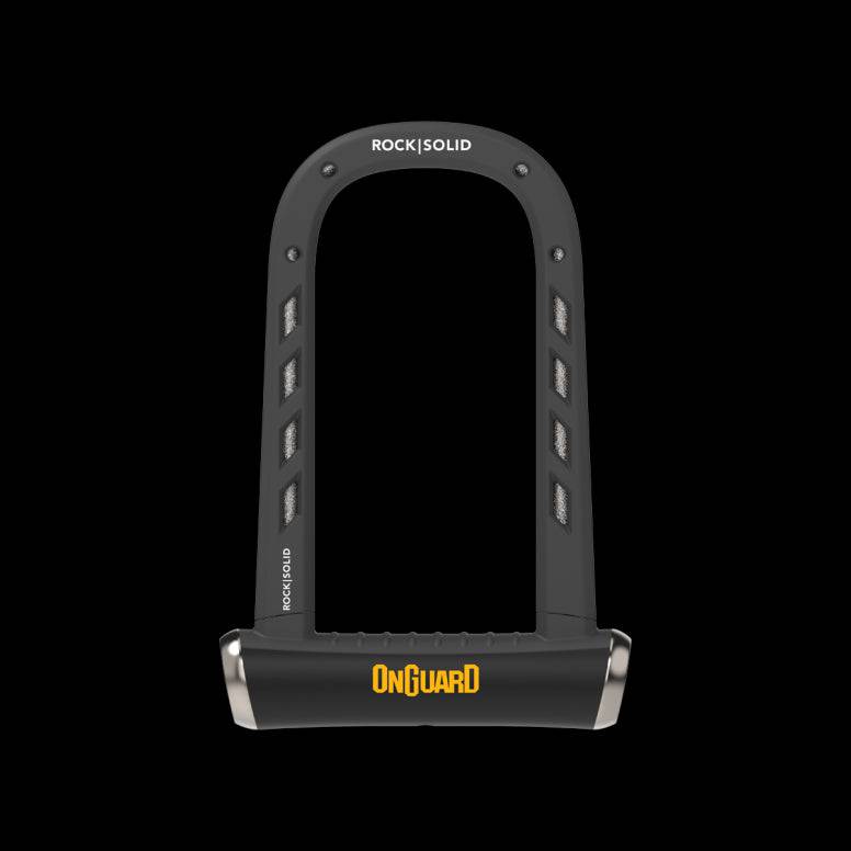 OnGuard RockSolid 8590 Diamond Secured by Design black and yellow cycle lock, heavy-duty bike security accessory.