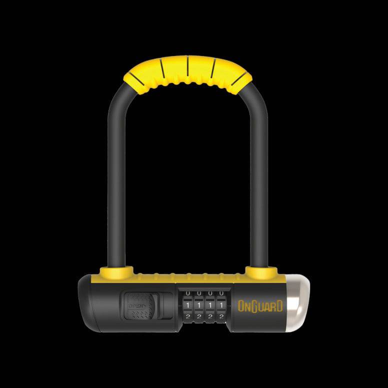 OnGuard Bulldog Combo lock with 230mm hardened steel shackle, black and yellow, designed for bike security accessories