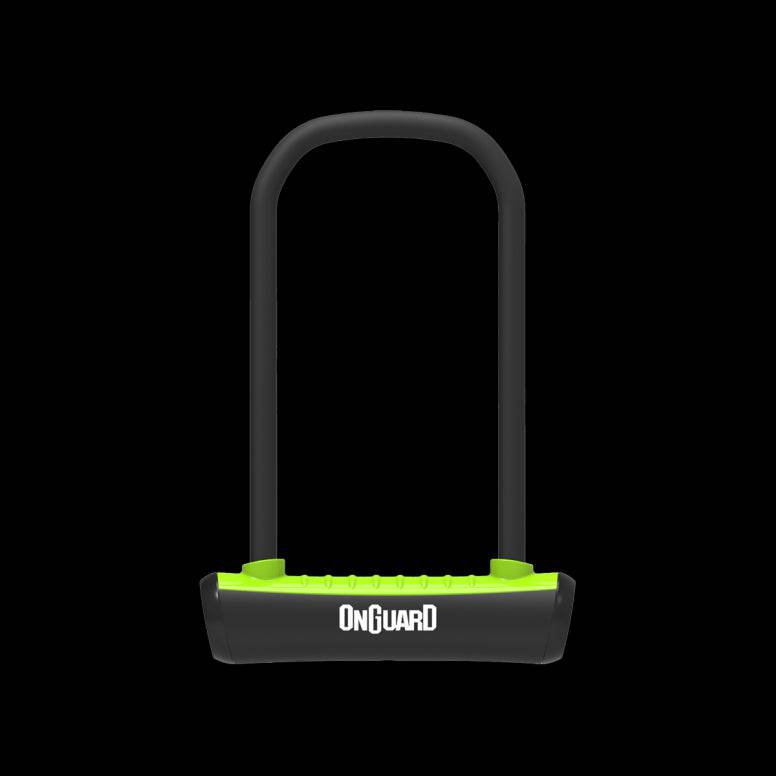 OnGuard Neon U-Lock with spring-free D-lock system, bracket, and keys, shown in bright neon color for bike security accessories.