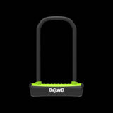 OnGuard Neon U-Lock with spring-free D-lock system, bracket, and keys, shown in bright neon color for bike security accessories.