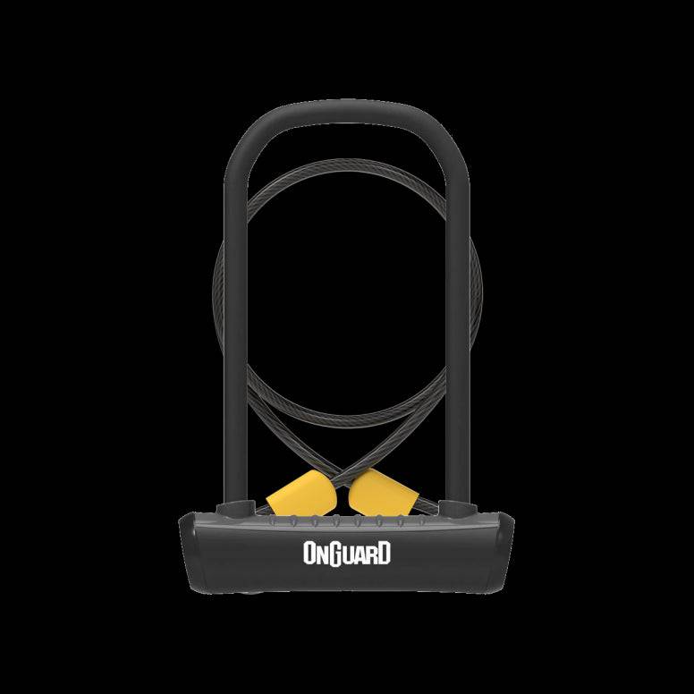 OnGuard Neon U-lock with braided steel cable and bracket, sturdy bike lock accessory for security and convenience.