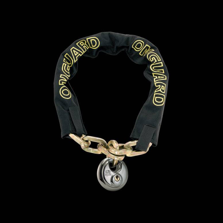 OnGuard Mastiff DB Chain Lock in black and yellow titanium-reinforced security accessory, 80cm length.