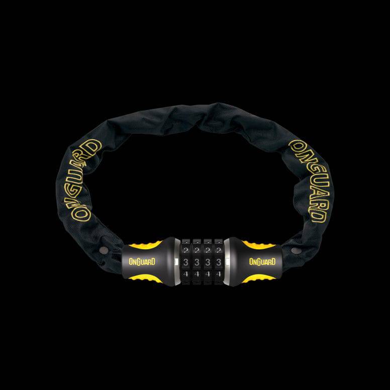 OnGuard Mastiff Combo Chain Lock 80cm in black and yellow, cut-resistant security chain for bike or scooter accessories.