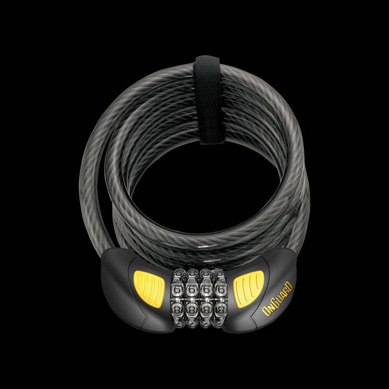 OnGuard Doberman Combo Cable Lock with LED Light, 185cm black and yellow bike security accessory shown in the image