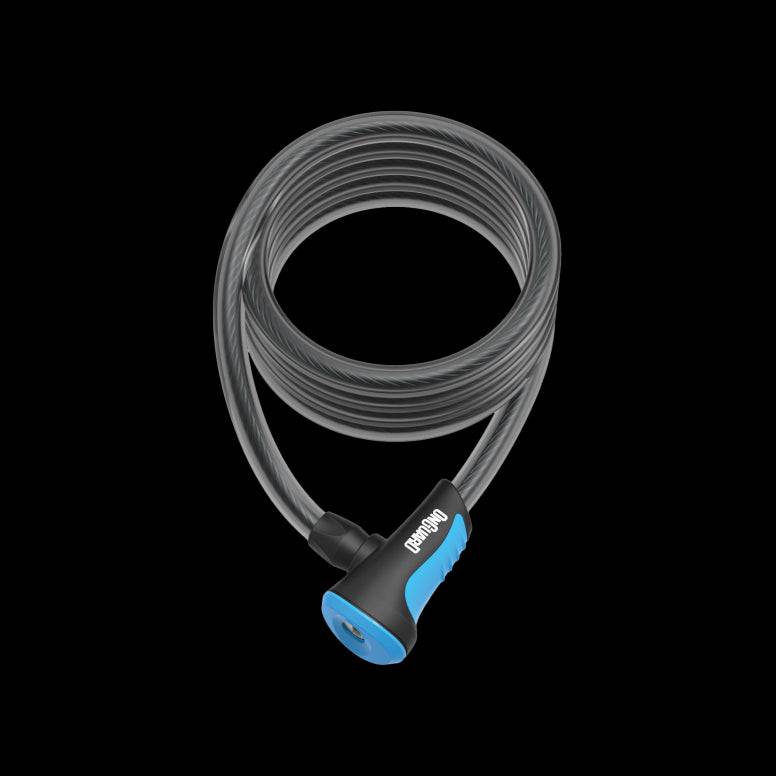 OnGuard Neon Coil Cable Lock with DS Spring Free System, keys, and bracket, showing the colorful flexible security accessory.