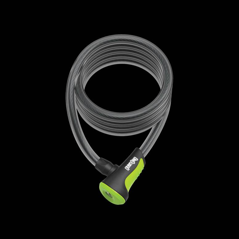 OnGuard Neon Coil Cable Lock with DS Spring Free System, keys, and bracket for bicycle security.