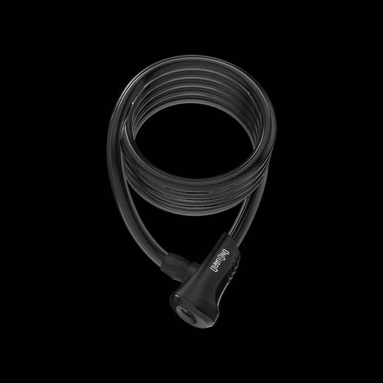 OnGuard Neon Coil Cable Lock with DS Spring Free System, keys, and bracket for bicycle security.