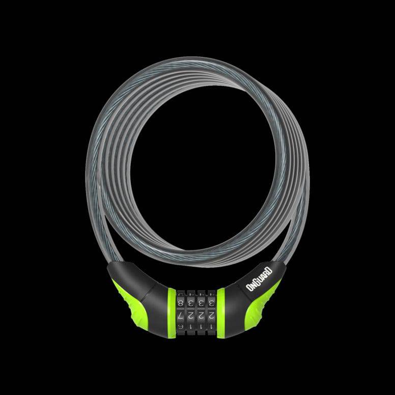 OnGuard Neon Combo Coil Cable Lock with DS Spring Free System for bikes and gear, featuring a bright neon-colored protective coating.