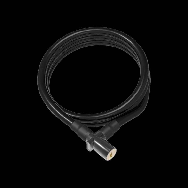 Black OnGuard Coil Cable Lock, 120cm lightweight bike security accessory with coiled design and key lock mechanism.