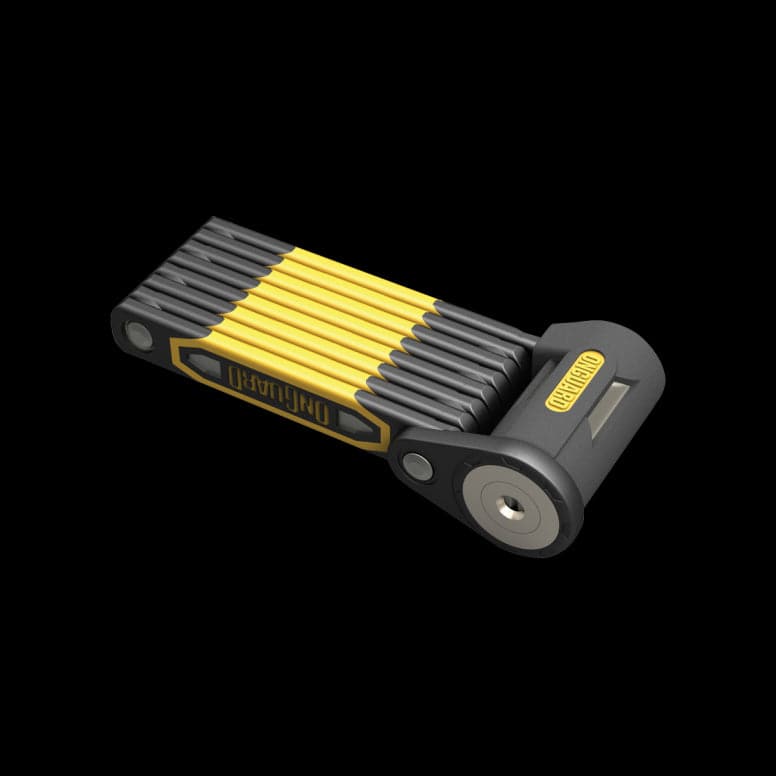 OnGuard Heavy Duty K9 Link Plate bike lock in black and yellow with bronze accents, showcasing durable security accessories.