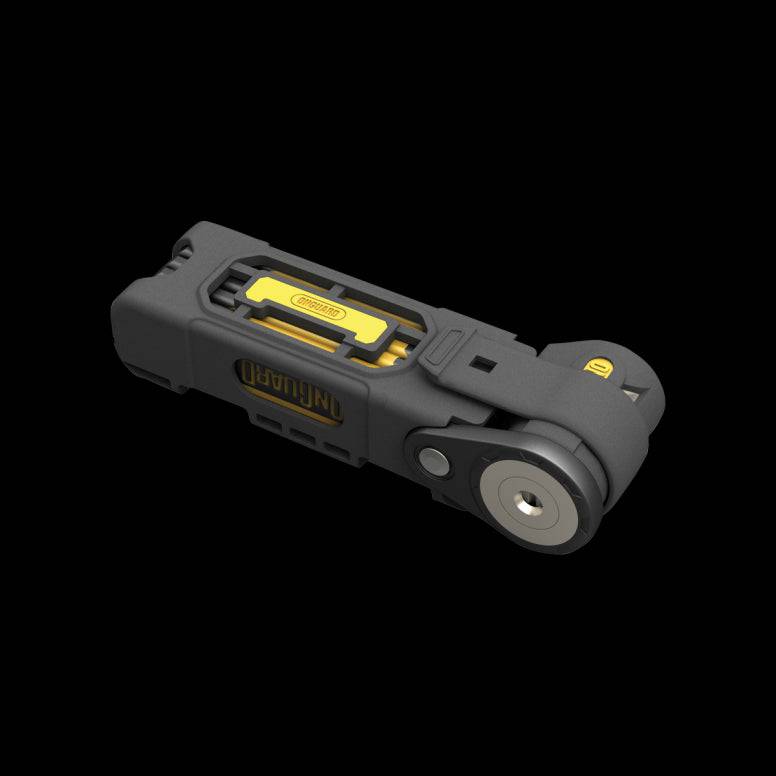 OnGuard Heavy Duty K9 Link Plate Bike Lock in black and yellow with bronze accents, showing the sturdy lock and chain components.