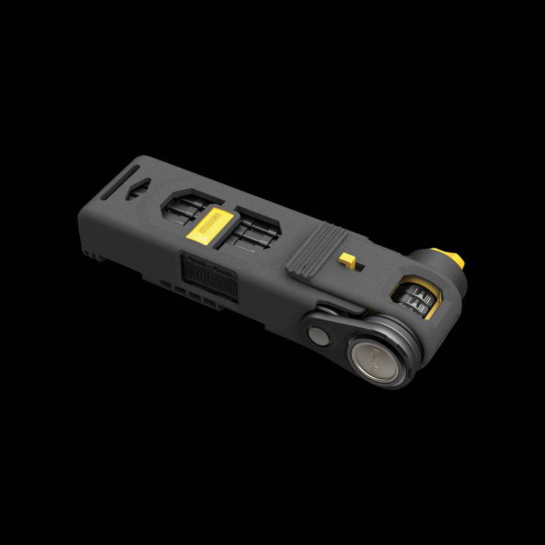 OnGuard K9 Combo Link Plate bike lock in black and yellow with mounting bracket, showing the sturdy lock and accessories.