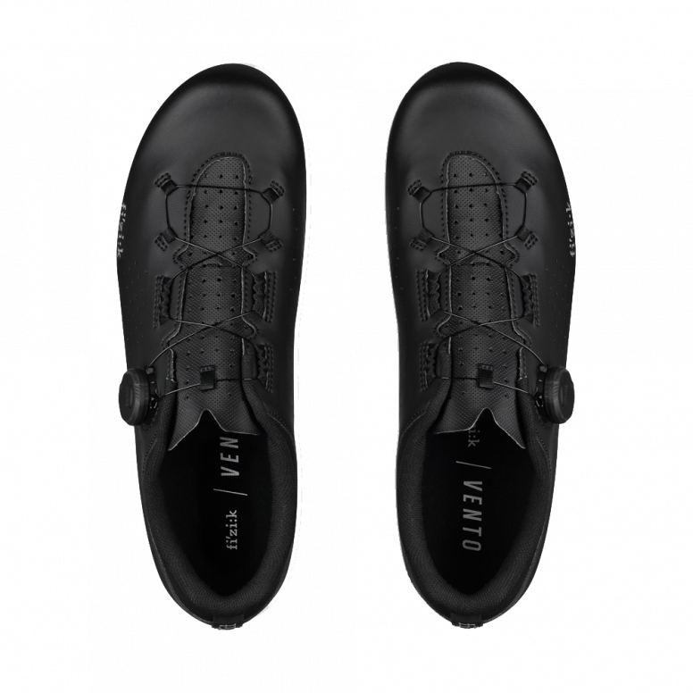 Fizik Vento Omna Wide Fit road cycling shoes, breathable with stiff sole, unisex design, shown in black with branding details.