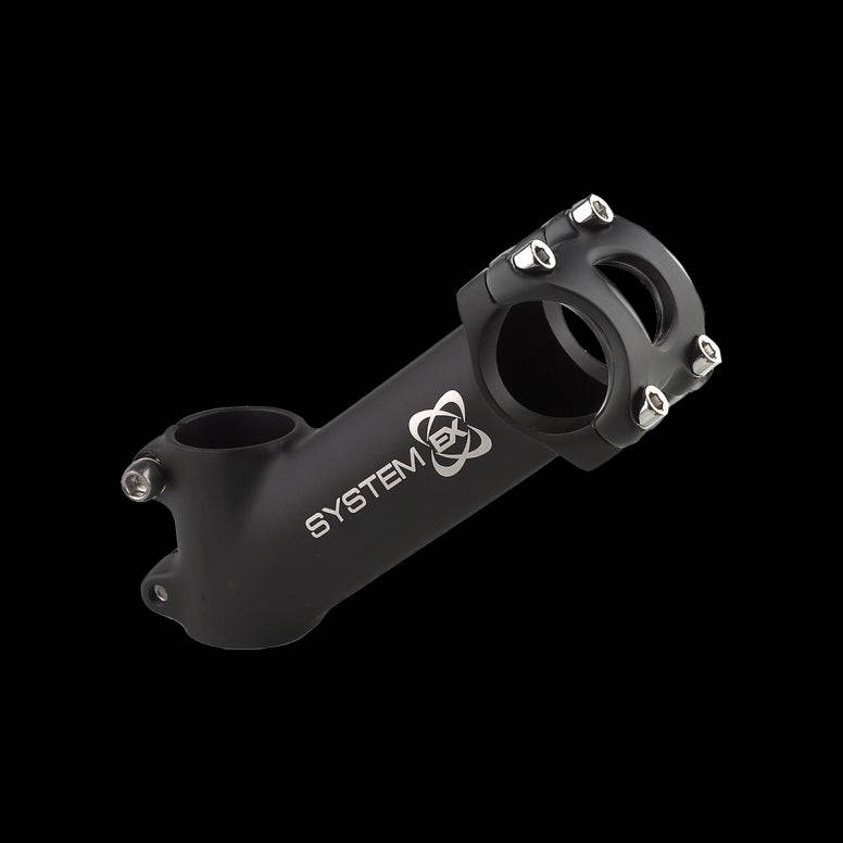 System EX Ahead Stem 31.8mm handlebar stem with four-bolt clamp in matte black, showcasing its sleek, sturdy design.