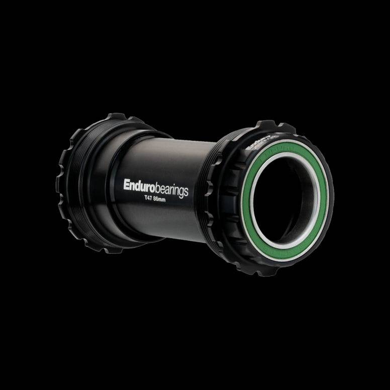 Enduro Bearings T47 asymmetrical XD15 black 30mm bottom bracket for bike components, showing the sleek black finish and branding.