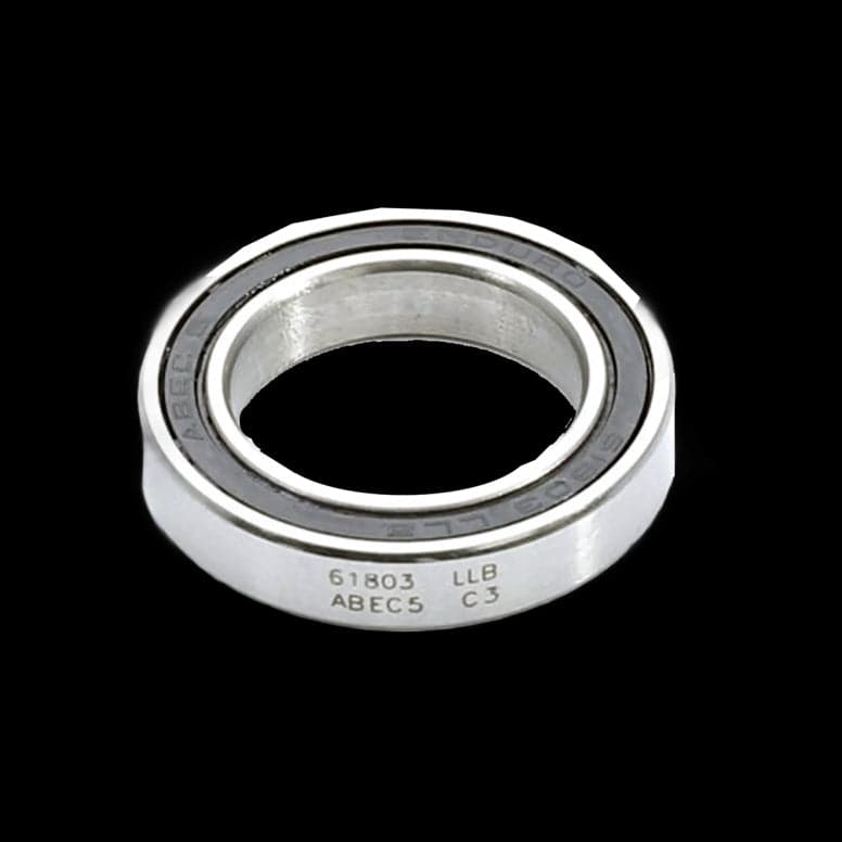 Enduro Bearings 61803 LLU/LLB C3 ABEC 5 bicycle bottom bracket bearing, showing the metal and rubber components.