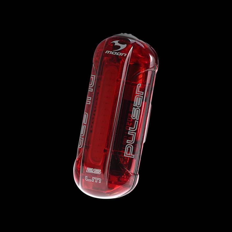 Moon Sport Pulsar rear bike light with 25 lumens in black, featuring quick release bracket for easy attachment.