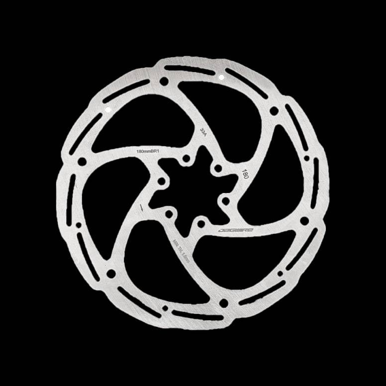 Jagwire Basics BR1 6-bolt disc rotor with T25 mounting hardware for reliable mountain bike or road bike braking.