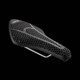 Fizik Transiro Aeris Adaptive R3 short distance saddle in black, designed for triathlon and time trial cycling components.