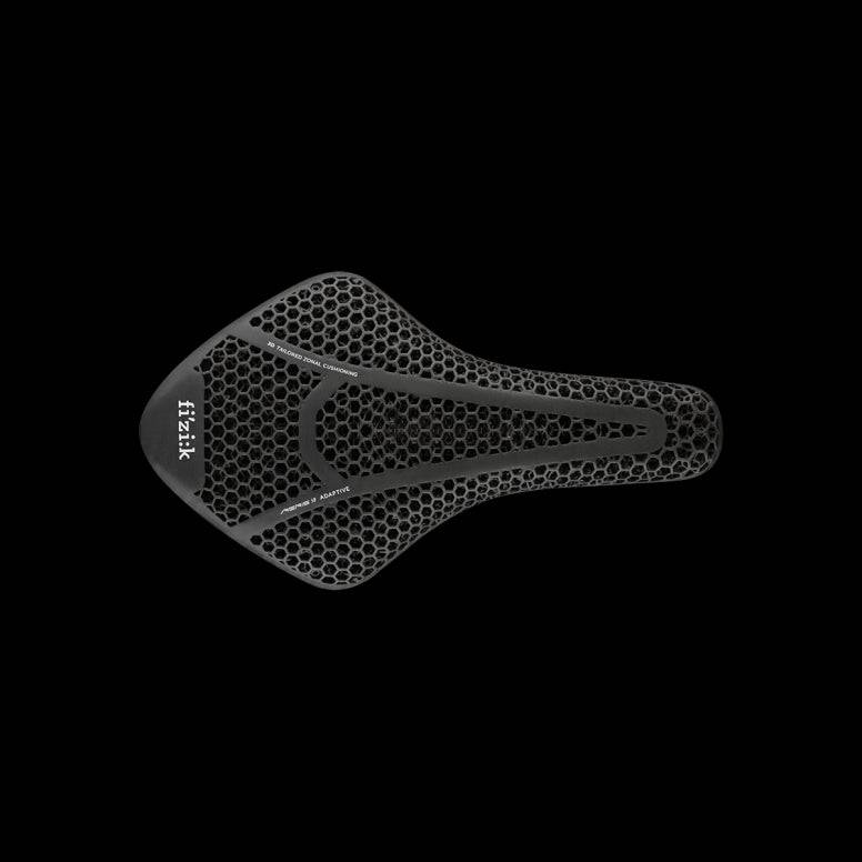 Fizik Transiro Aeris Adaptive R3 black saddle for triathlon and time trial bikes, designed for short-distance cycling comfort.