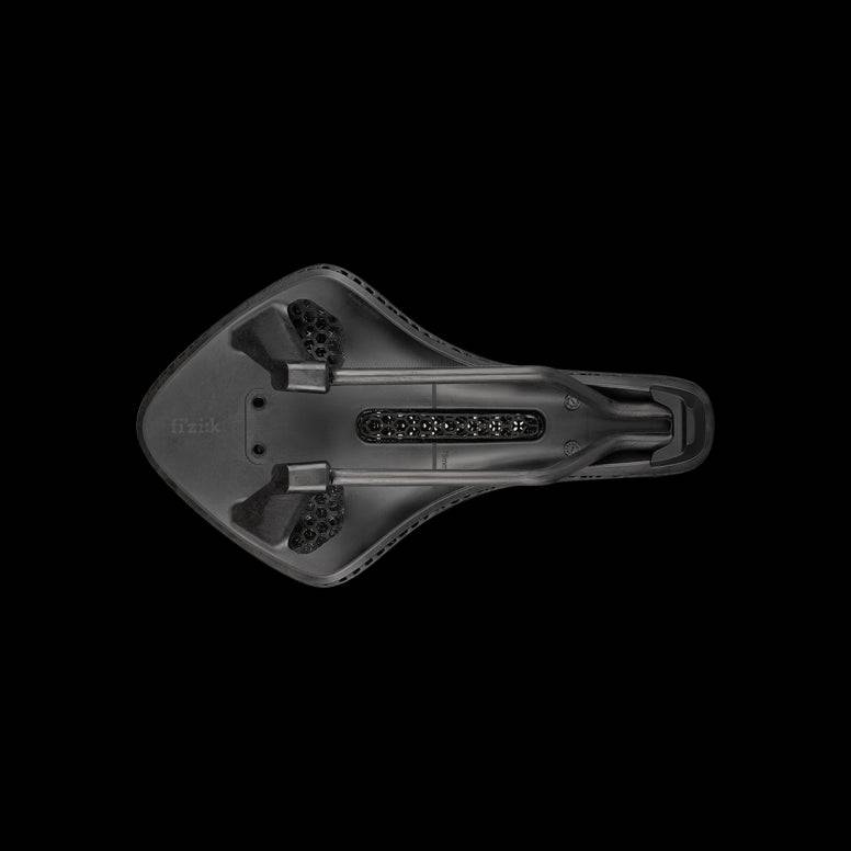 Fizik Transiro Aeris Adaptive R1 triathlon saddle in black, designed for short-distance time trial cycling, with ergonomic shape.