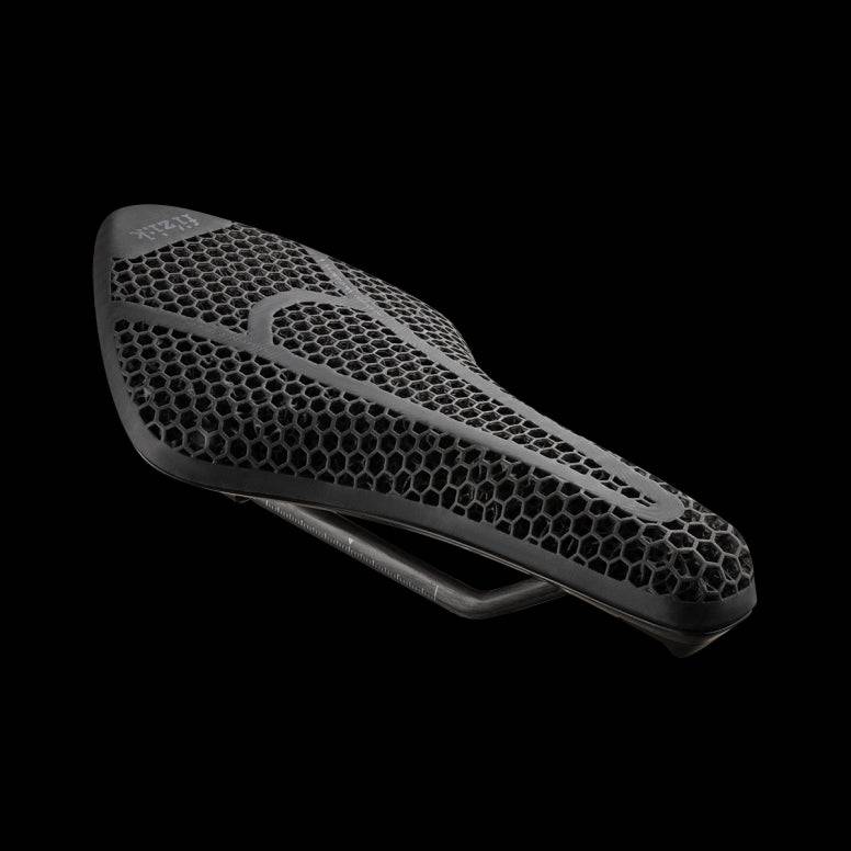 Fizik Transiro Aeris Adaptive R1 triathlon saddle in black, designed for short-distance time trial cycling.
