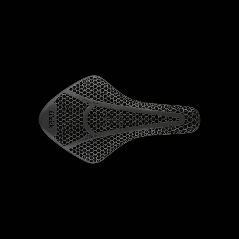 Fizik Transiro Aeris Adaptive R1 triathlon saddle in black, designed for short distance time trial cycling components.
