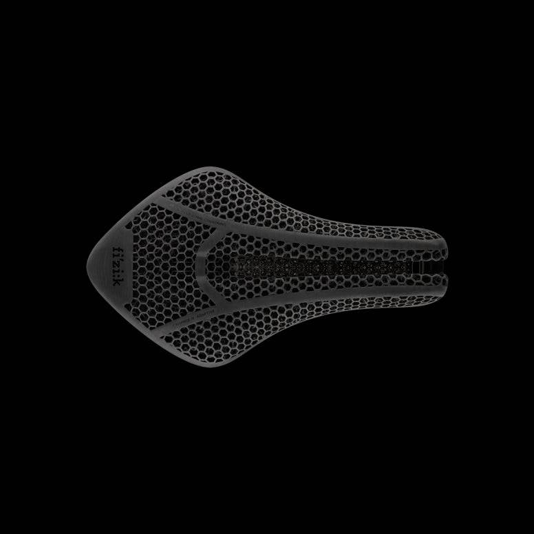 Fizik Transiro Aeris Adaptive R1 long-distance triathlon saddle in black, showing its sleek ergonomic design and padding.