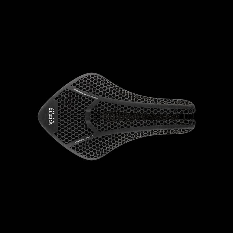 Fizik Transiro Aeris Adaptive R3 long-distance triathlon saddle in black, designed for comfort and performance during cycling.