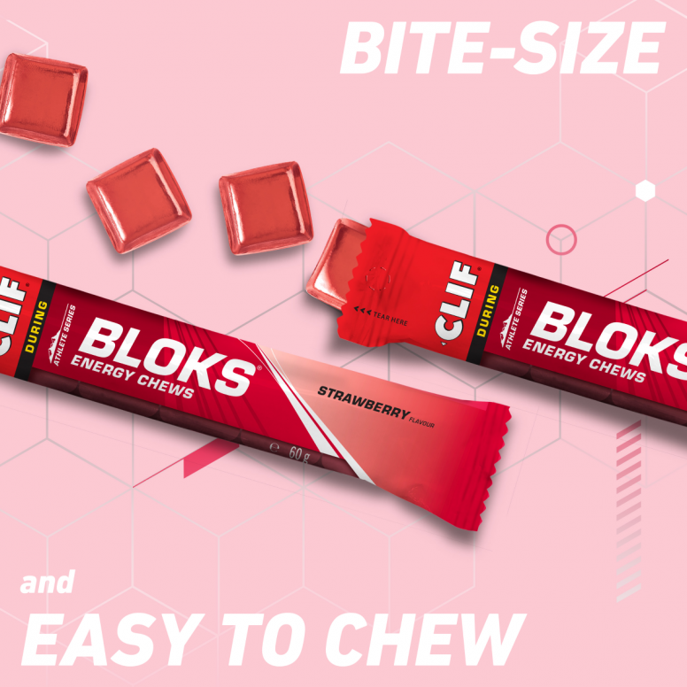 Clif Blok Energy Chews in a pack of 18, orange and purple fruit-flavored energy chews for active lifestyles