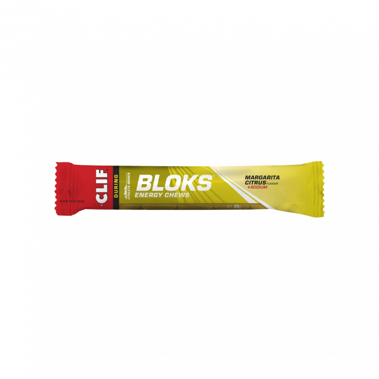 Clif Blok Energy Chews in an 18-pack, orange and yellow fruit-flavored chews in resealable plastic packaging.