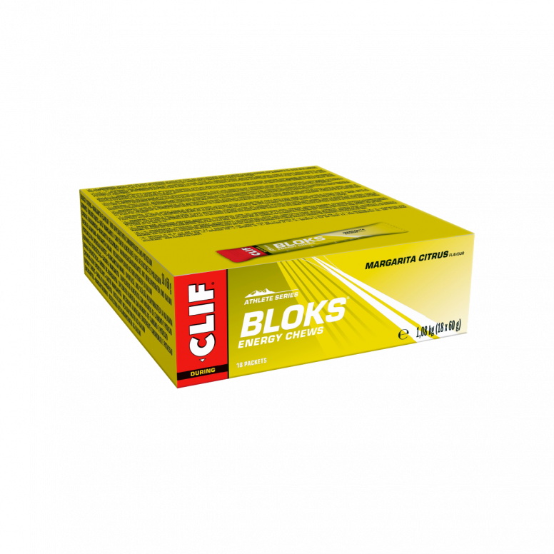 Clif Blok Energy Chews in 18-pack, orange and fruit-flavored sports nutrition accessories for quick energy.