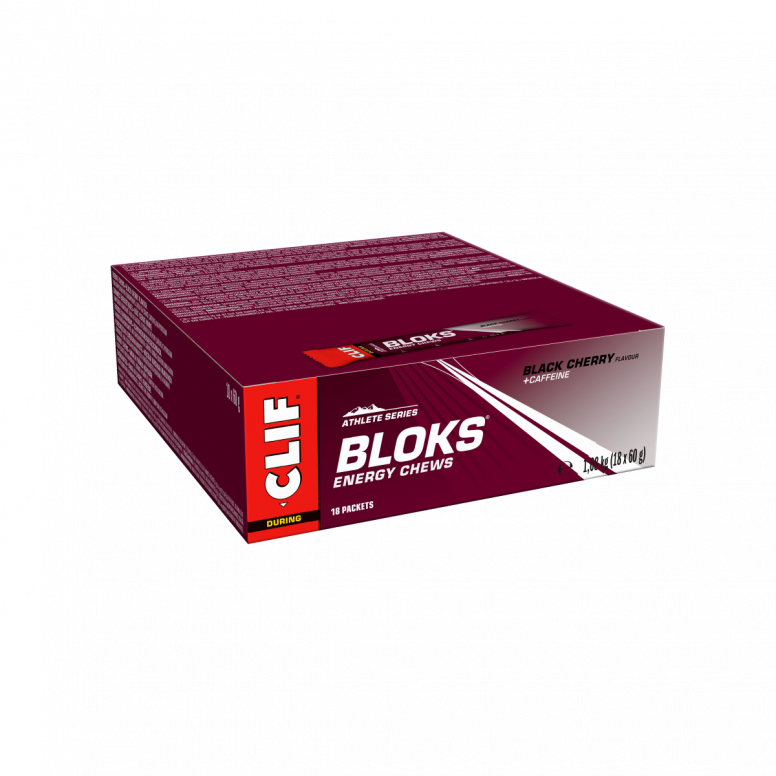 Clif Blok Energy Chews in an 18-pack, portable nutrition accessories for active lifestyles, branded by Clif.