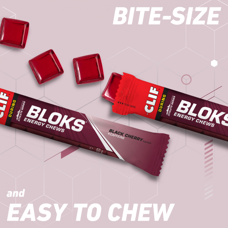 Clif Blok Energy Chews in 18-pack, fruit-flavored athletic supplement accessories, with colorful packaging and chews inside.