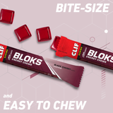 Clif Blok Energy Chews in 18-pack, fruit-flavored athletic supplement accessories, with colorful packaging and chews inside.