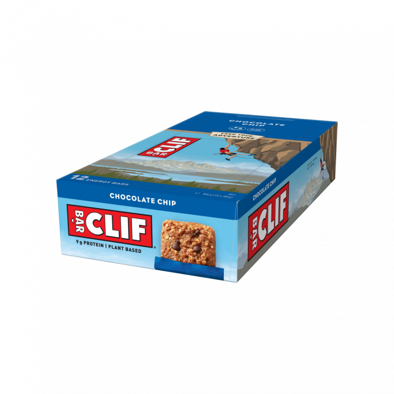 Clif Clif Bar 12-pack of energy bars, with assorted flavors, in a clear view showcasing the packaging and branding.