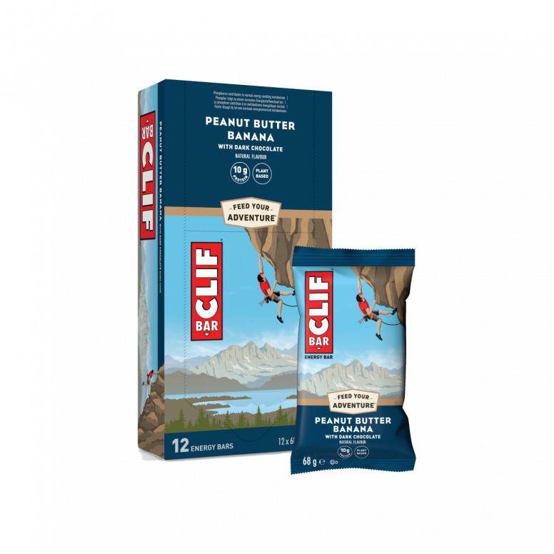 Assorted Clif Bar energy snacks in a 12-pack, featuring natural ingredients and convenient packaging by Clif.