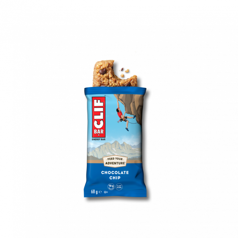 Clif Bar 12-pack of energy bars with chocolate flavor, displayed in a clear view, showcasing the Clif brand and packaging.