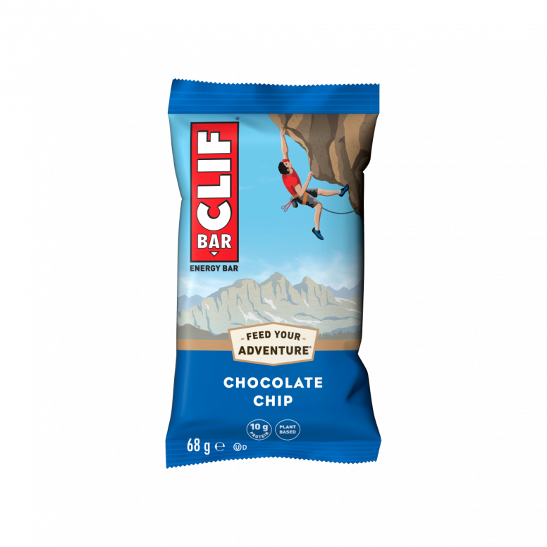 Clif Bar 12-pack of energy bars, natural snack bars with fruit and nut ingredients, branded Clif, arranged in a box.