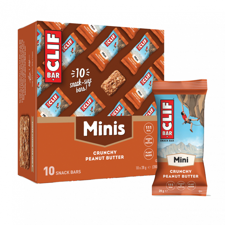 Clif Mini Bars box with 10 plant-based protein snack bars, healthy supplement accessories, colorful packaging, and snack details.