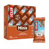 Clif Mini Bars box with 10 plant-based protein snack bars, healthy supplement accessories, colorful packaging, and snack details.