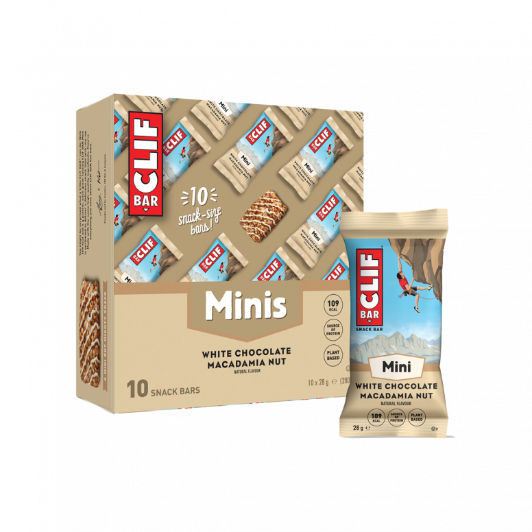 Clif Mini Energy Bars 10 pack, plant-based protein snack with colorful packaging and individual bars on a white background.